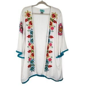 South Main White Gauzy Open Kimono Floral Embroidery Women's 2XL Bohemian Boho